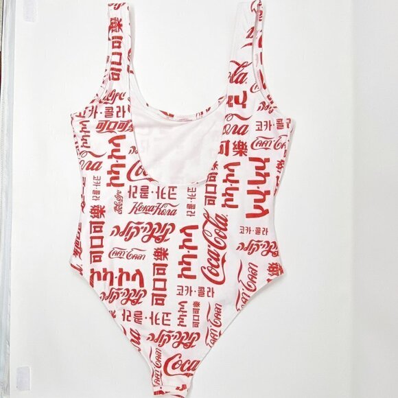COCA COLA | Logo Global Languages White & Red Scoop Neck Swimsuit - Picture 4 of 8